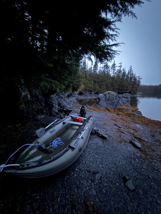 Inflatable jet boat launching from Whittier harbor for a duck hunting trip