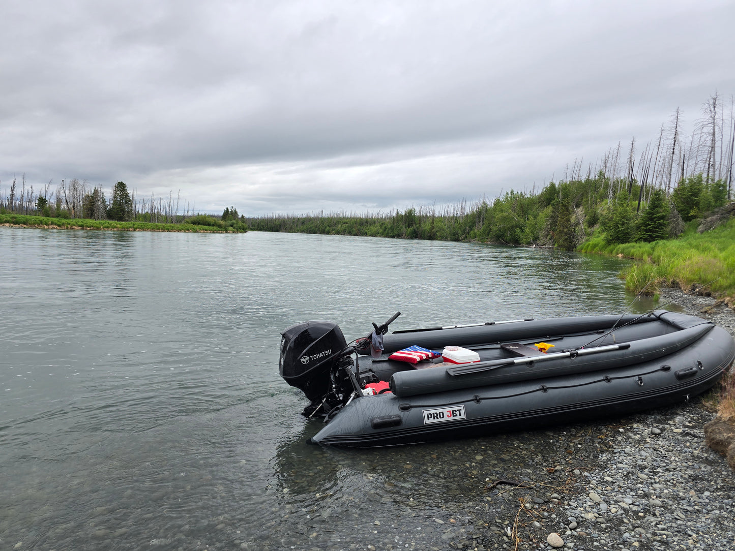 Pro Jet 470 Inflatable Jet Boat for rent on the Kenai River, Alaska — perfect for fishing, hunting, and Sockeye Salmon fishing.