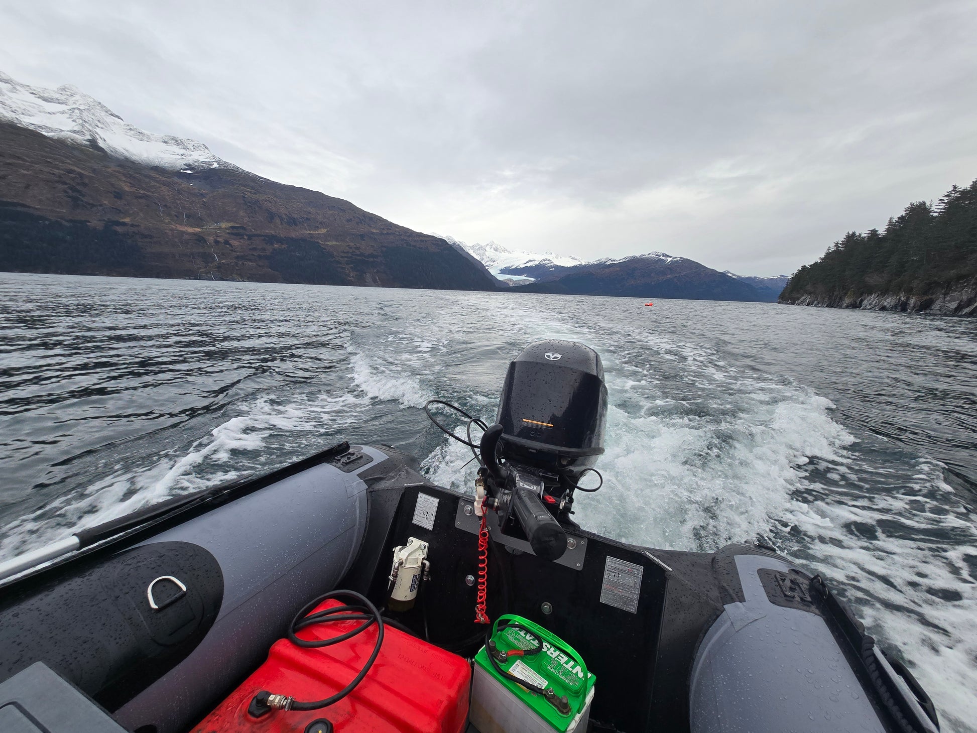 Stryker 420 RIB Jet Tunnel with 60/40 HP Jet Outboard cruising in Prince William Sound — smooth, stable performance on Alaska’s coastal waters.