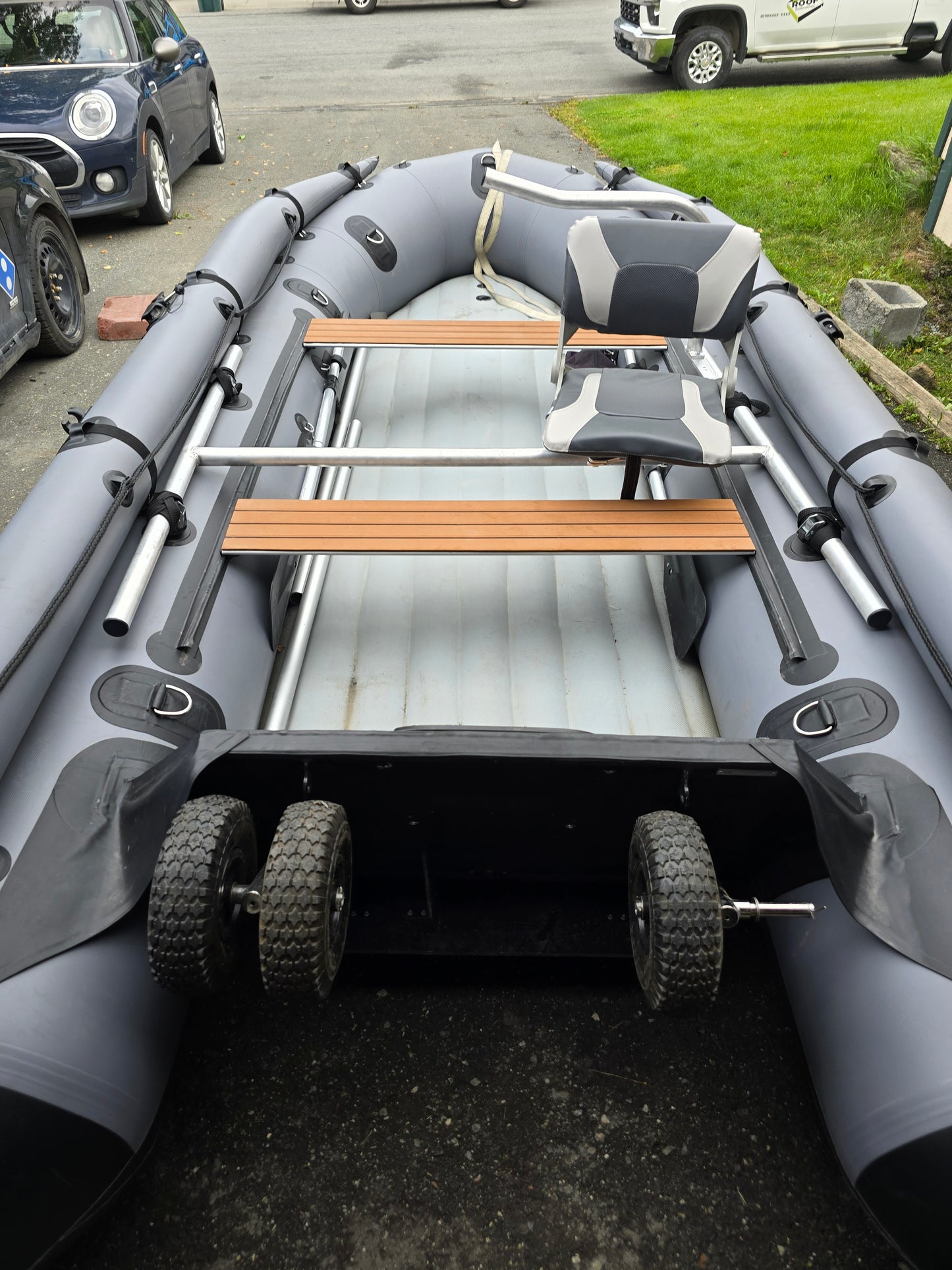 Stryker 420 Inflatable Jet Boat with 50/35 HP Jet Outboard on trailer in Anchorage — ready for pickup or road trip to Fairbanks rivers.