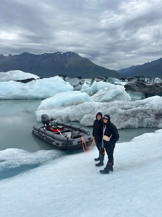 Stryker 470 Inflatable Jet Boat parked near a glacier in Alaska — rugged inflatable built for cold, glacial waters.
