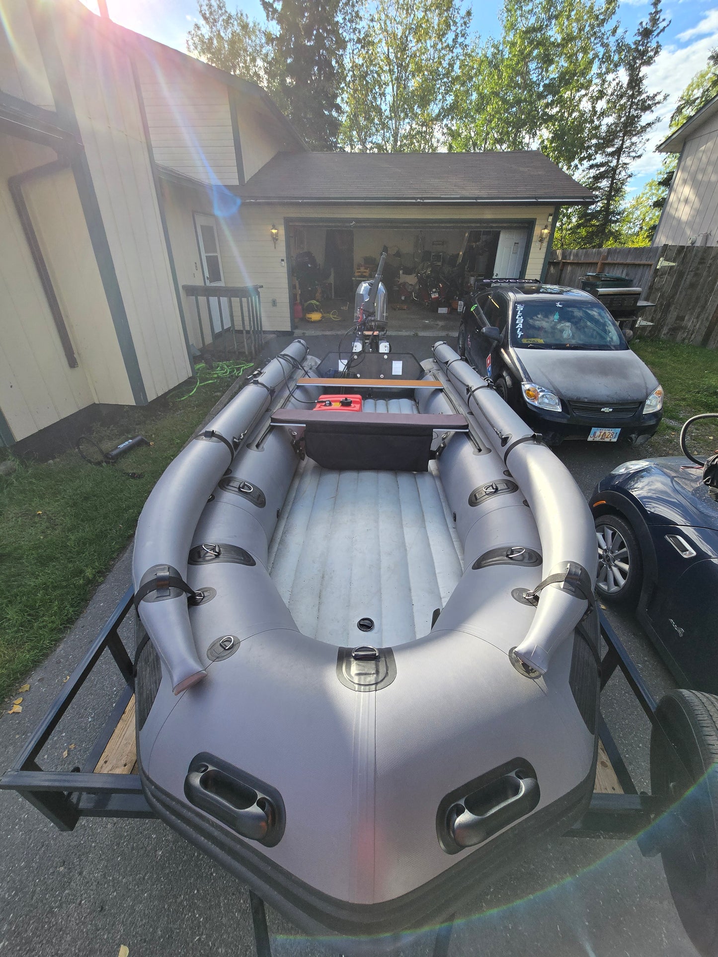 Stryker 470 Inflatable Jet Boat on trailer, showing side profile and durable hull design built for Alaska’s rugged terrain.