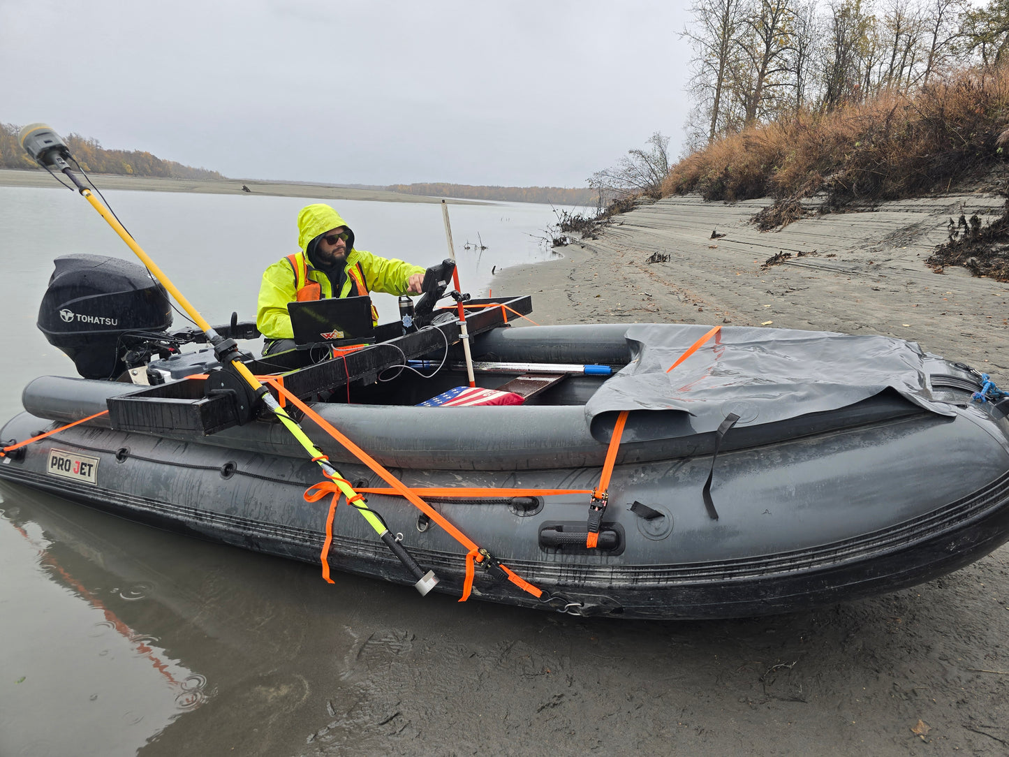 Pro Jet 470 Inflatable Jet Boat used by survey crew on the Susitna River — reliable platform for Alaska fieldwork and mapping.