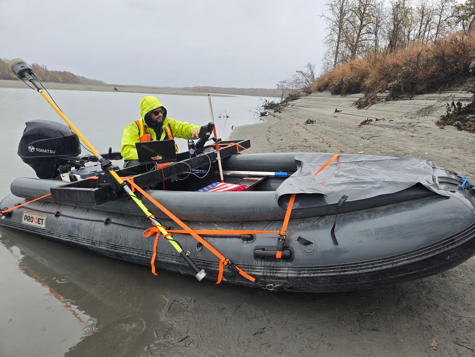 Pro Jet 470 Inflatable Jet Boat used by survey crew on the Susitna River — reliable platform for Alaska fieldwork and mapping.