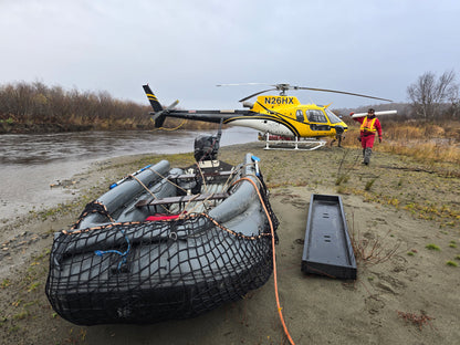 Work crew aboard Pro Jet 470 Jet Boat conducting survey operations on the Susitna River — rugged inflatable suited for commercial projects.