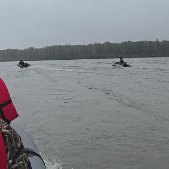 Stryker 420 Inflatable Jet Boat with 50/35 HP Jet Outboard cruising on the Susitna River, Alaska — stable, powerful, and lightweight jet setup.