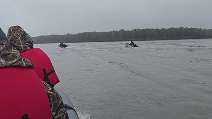 Stryker 420 Inflatable Jet Boat with 50/35 HP Jet Outboard cruising on the Susitna River, Alaska — stable, powerful, and lightweight jet setup.